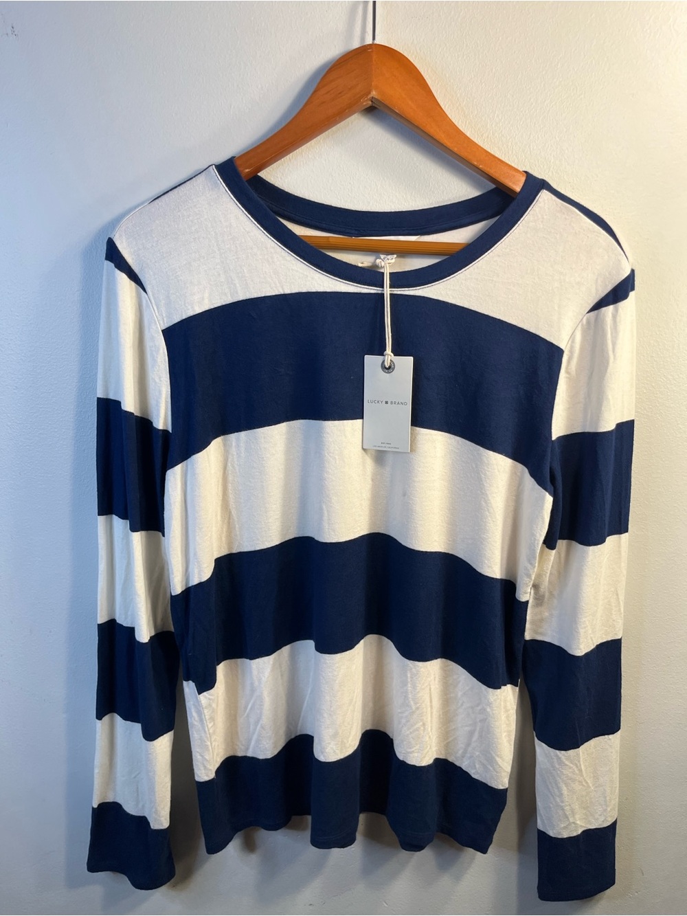 Lucky Brand Navy and White Striped Long Sleeve Shirt Size Medium NWT